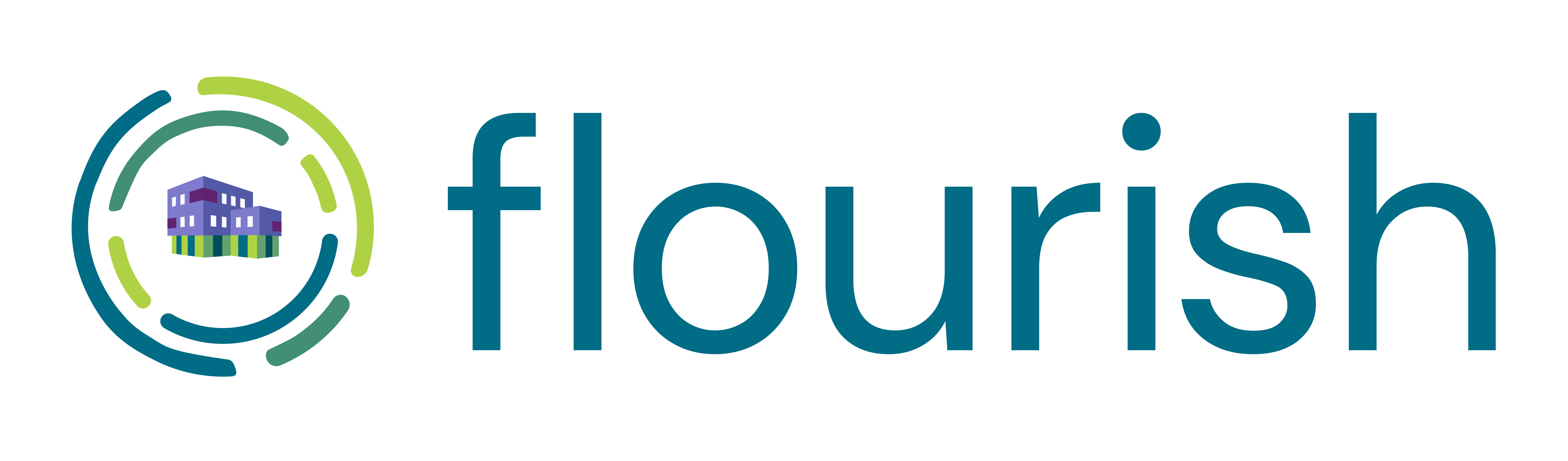 The word flourish with a picture of an animated building surrounded by circles to the left of it